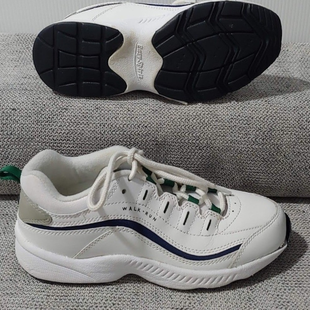 Easy Spirit Romy White Navy Green Walking Sneakers Womens 6M US Leather Athletic